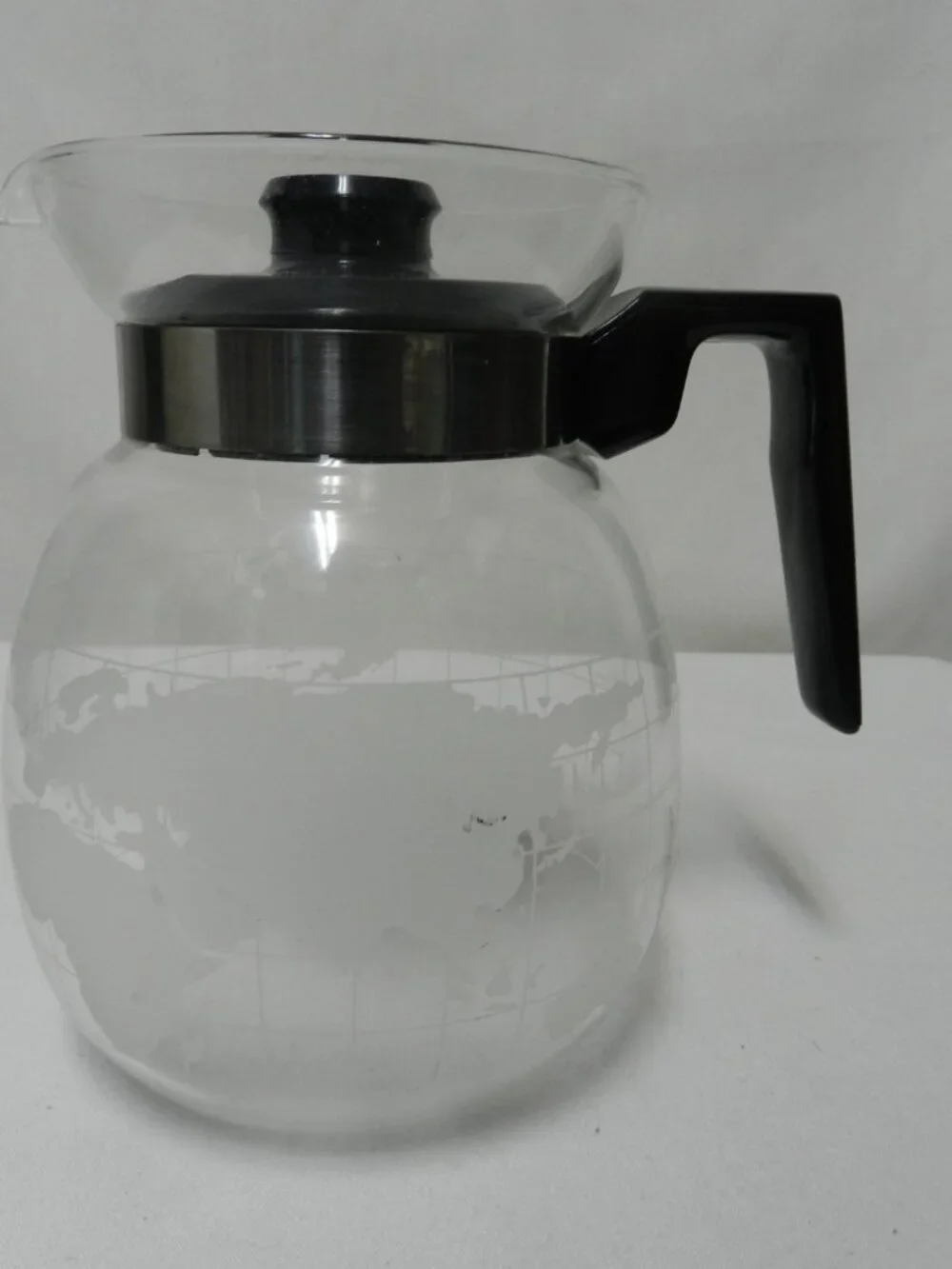 NESCAFE Vintage Frosted Etched Glass World Globe Coffee Pot Black Plastic w/Lid